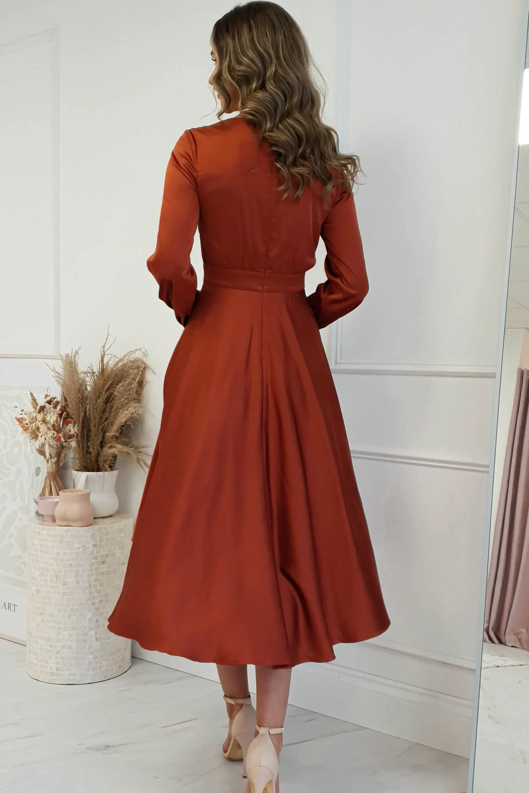 Nicola Satin Tie Front Midi Dress | Rust