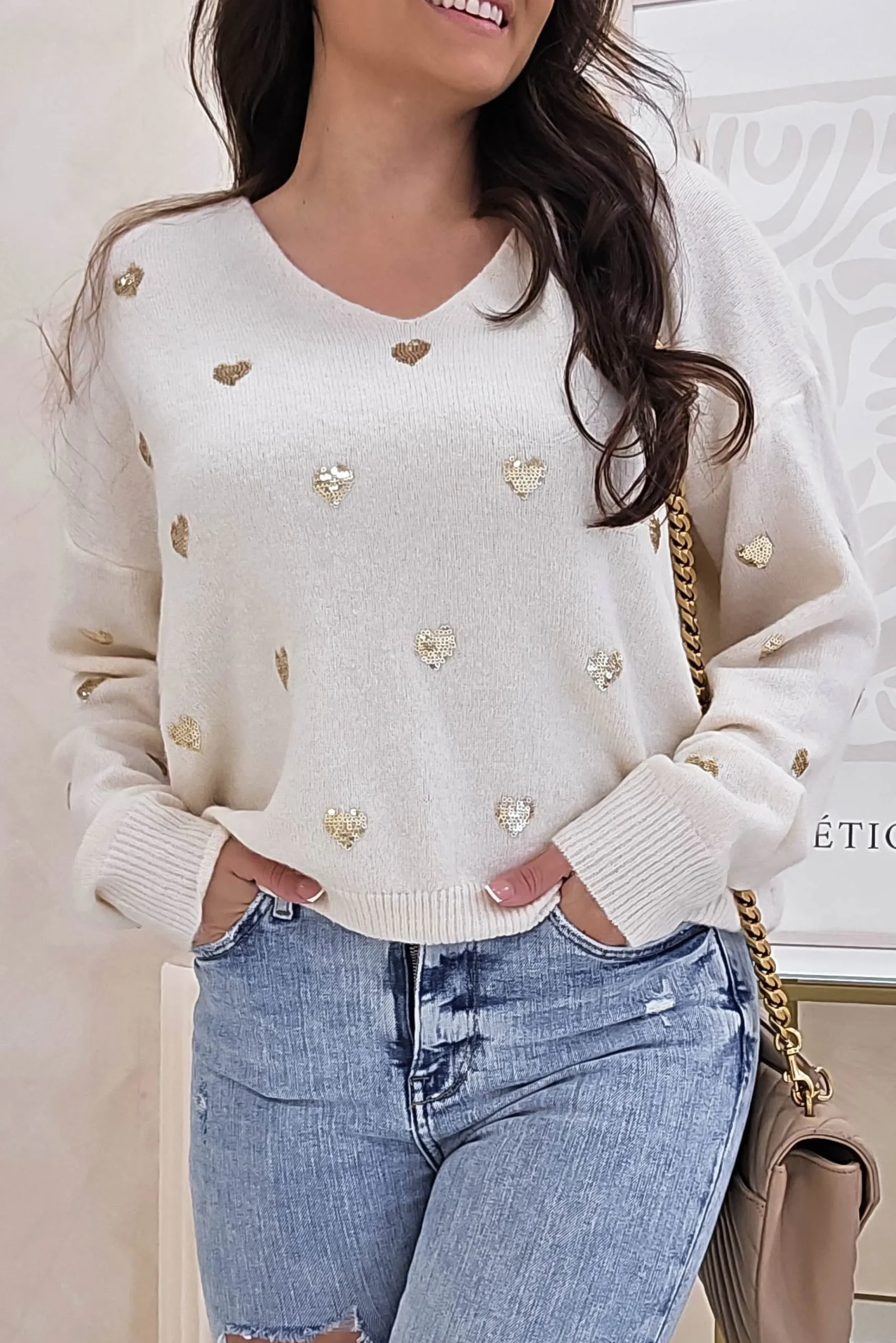 Pia Sequin Heart Detail Jumper | Beige