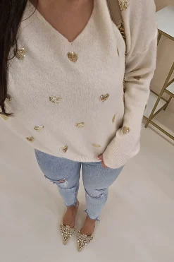 Pia Sequin Heart Detail Jumper | Beige