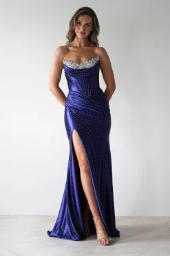 Pranvera Embellished Micro Crystal Gown | Dusty Navy