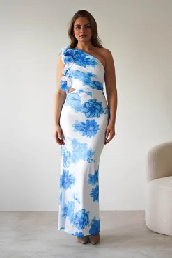 Rhia Ruffle Floral Maxi Dress | Blue/White