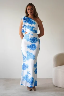 Rhia Ruffle Floral Maxi Dress | Blue/White