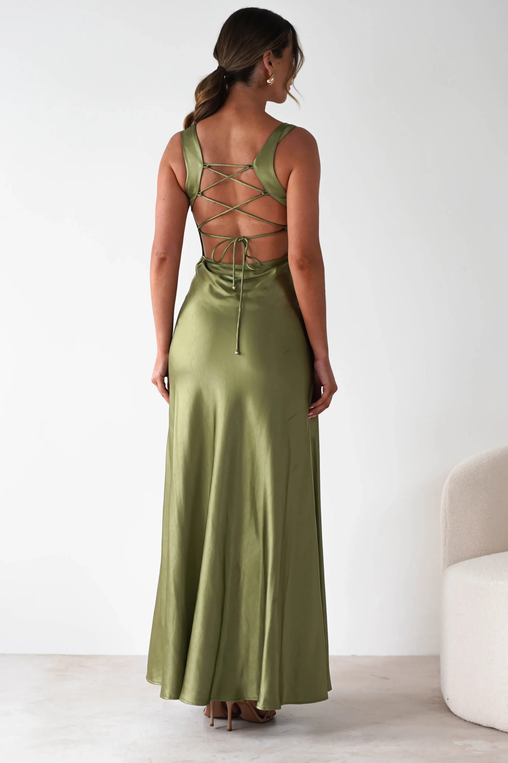 Riviera Soft Satin Maxi Gown | Olive