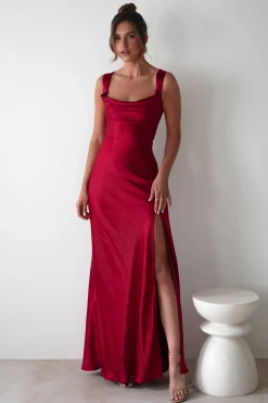 Riviera Soft Satin Maxi Gown | Berry Red