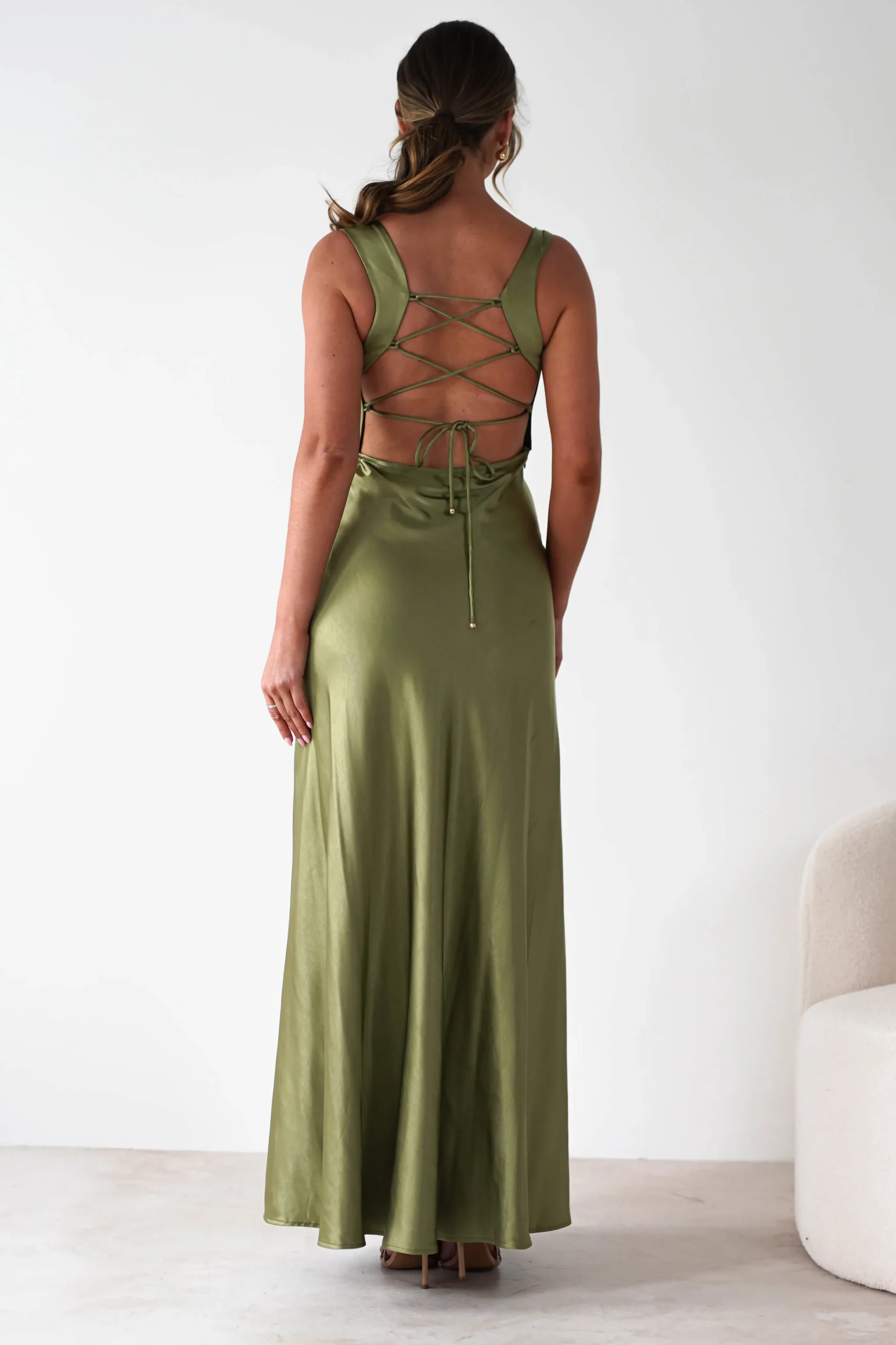 Riviera Soft Satin Maxi Gown | Olive