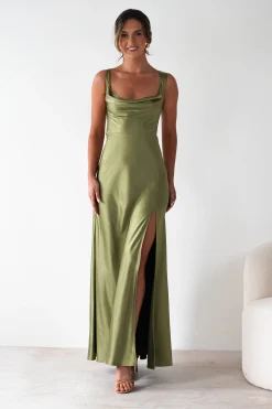 Riviera Soft Satin Maxi Gown | Olive