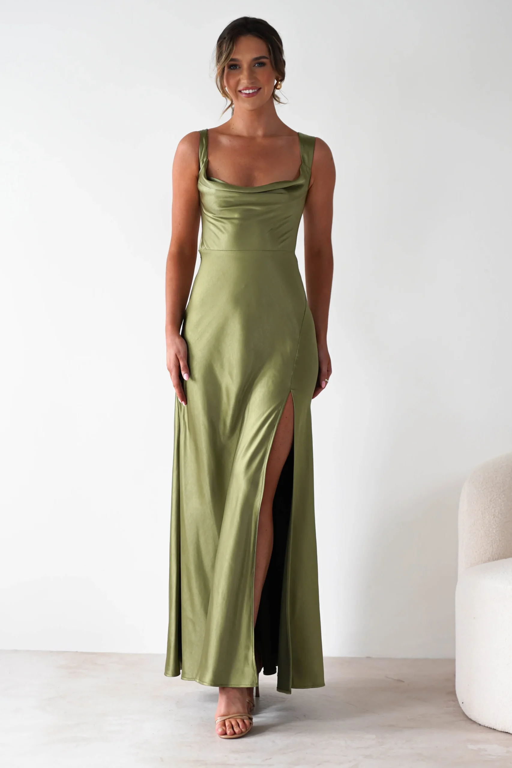Riviera Soft Satin Maxi Gown | Olive