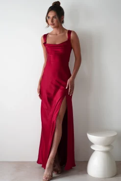 Riviera Soft Satin Maxi Gown | Berry Red