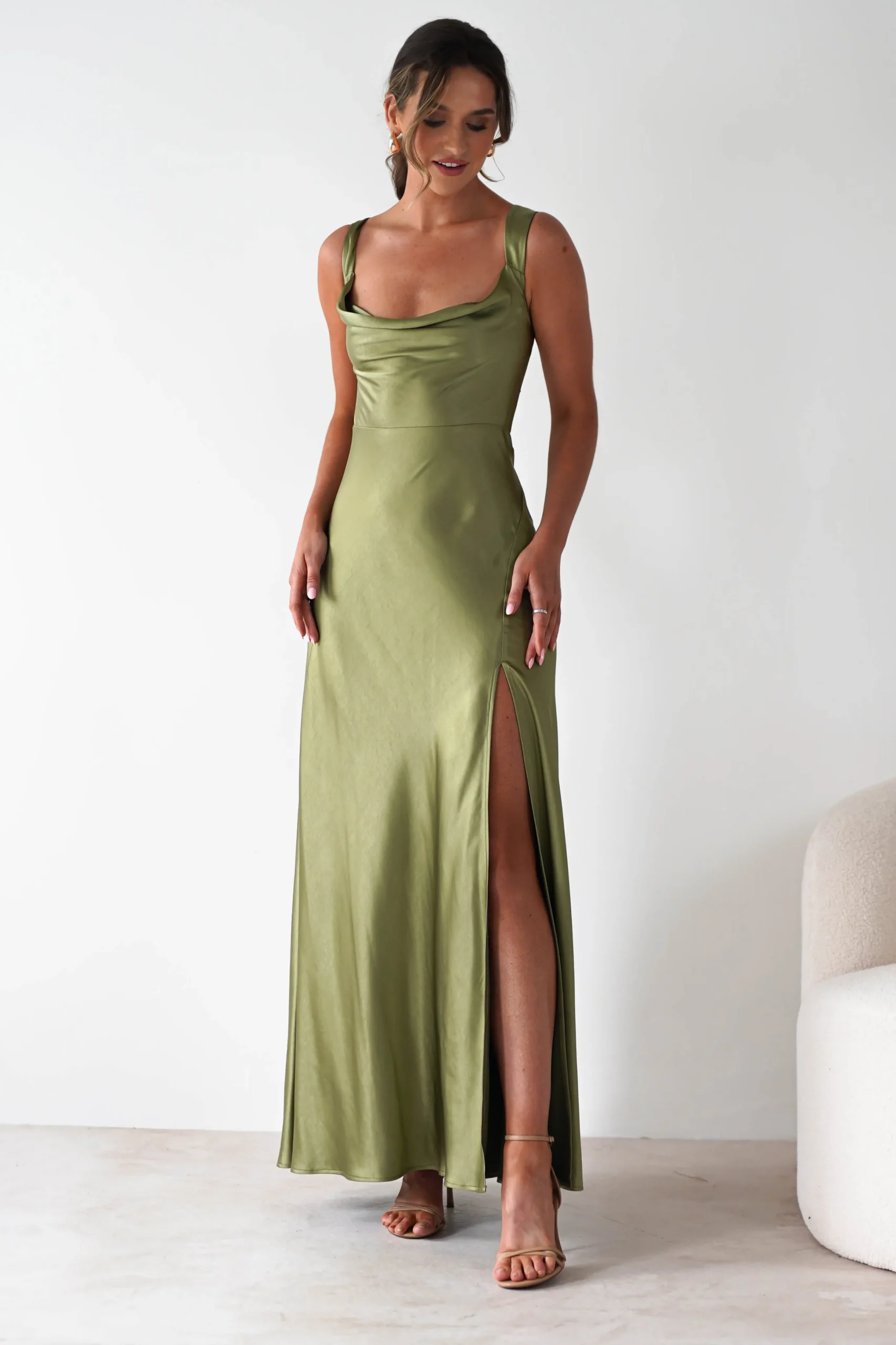 Riviera Soft Satin Maxi Gown | Olive