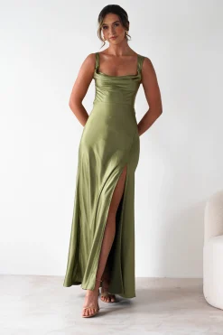 Riviera Soft Satin Maxi Gown | Olive