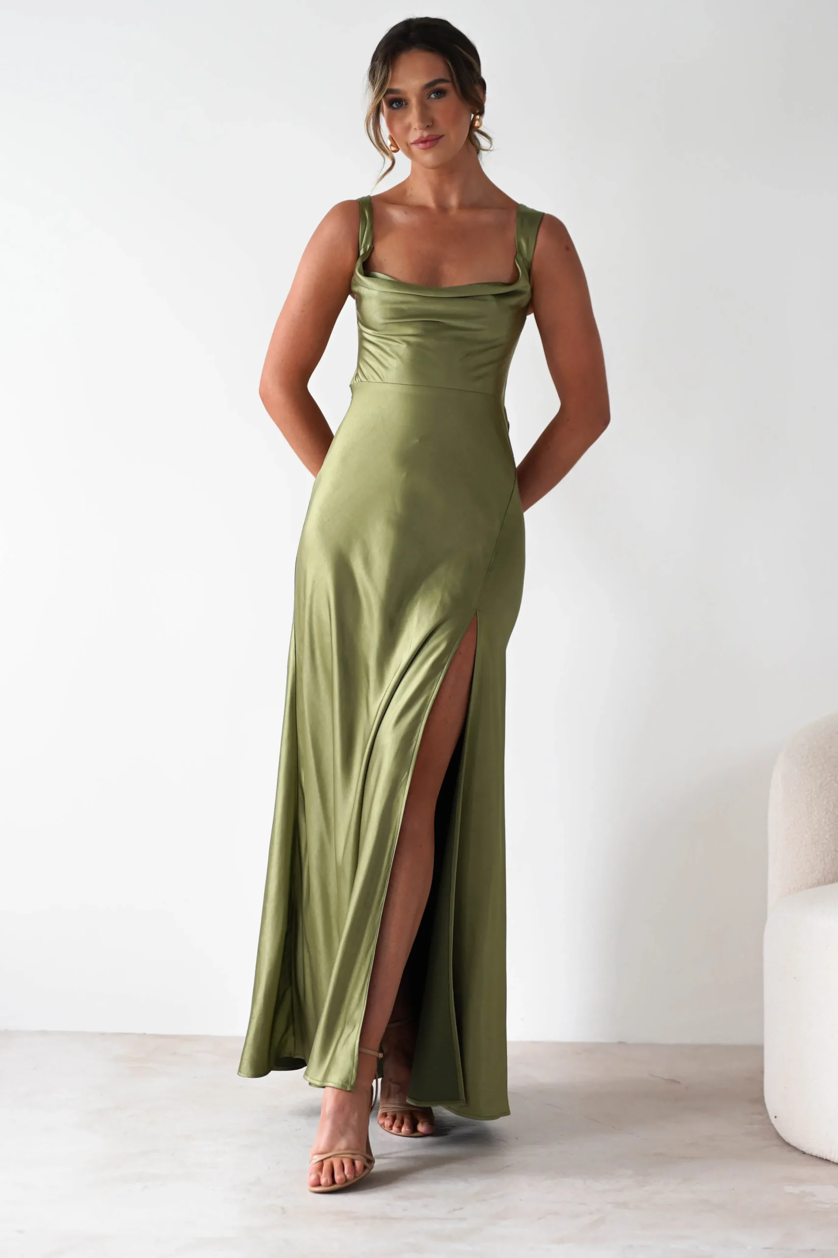 Riviera Soft Satin Maxi Gown | Olive
