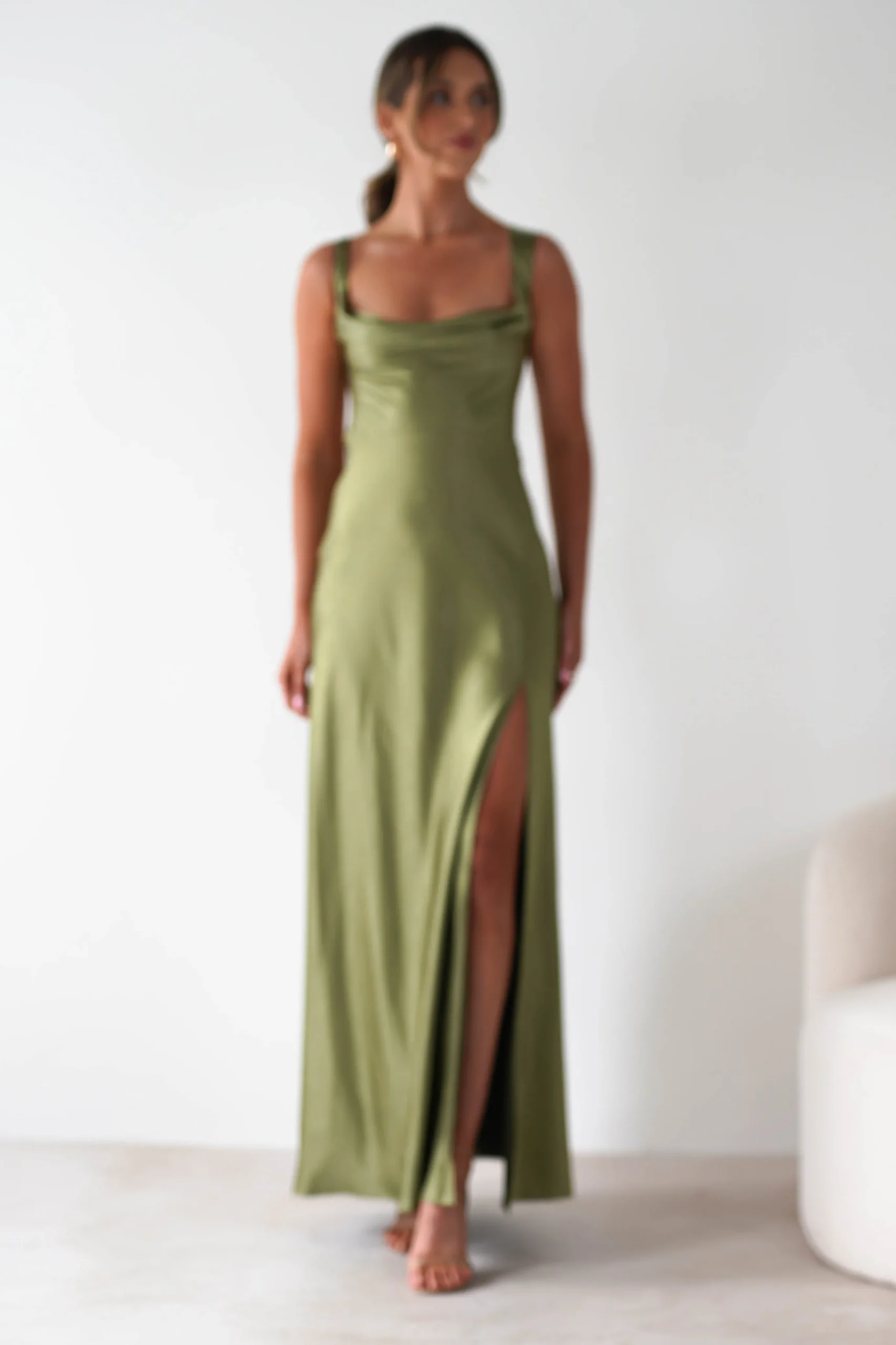 Riviera Soft Satin Maxi Gown | Olive