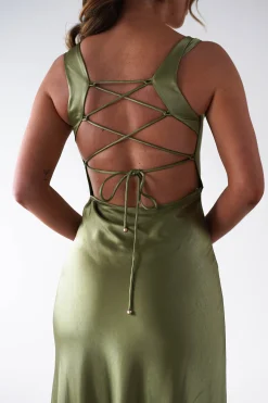 Riviera Soft Satin Maxi Gown | Olive
