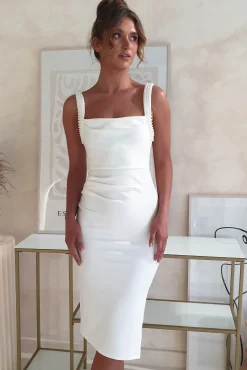 Salena Pearl Detail Bodycon Midi Dress | White
