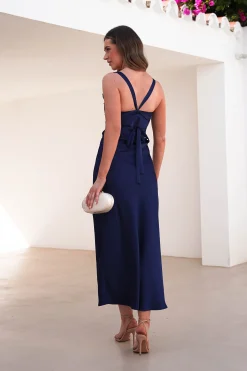 Salma Soft Matte Satin Midaxi Dress | Navy