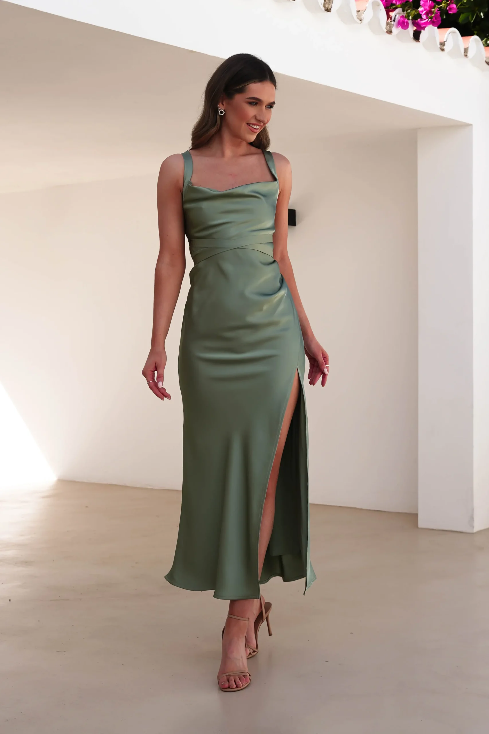 Salma Soft Matte Satin Midaxi Dress | Olive