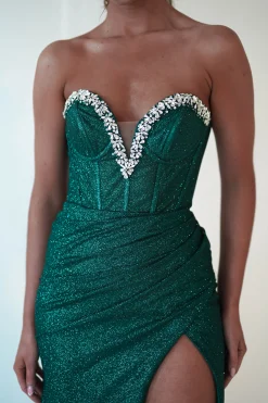 Stephanie Strapless Glitter Gown | Emerald Green