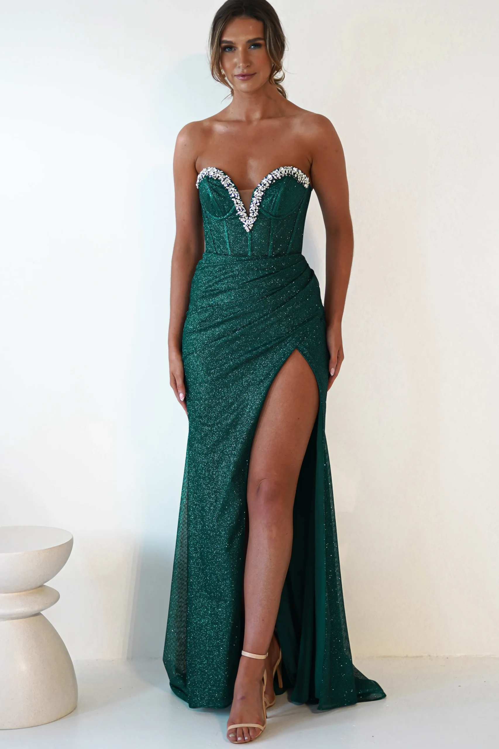 Stephanie Strapless Glitter Gown | Emerald Green