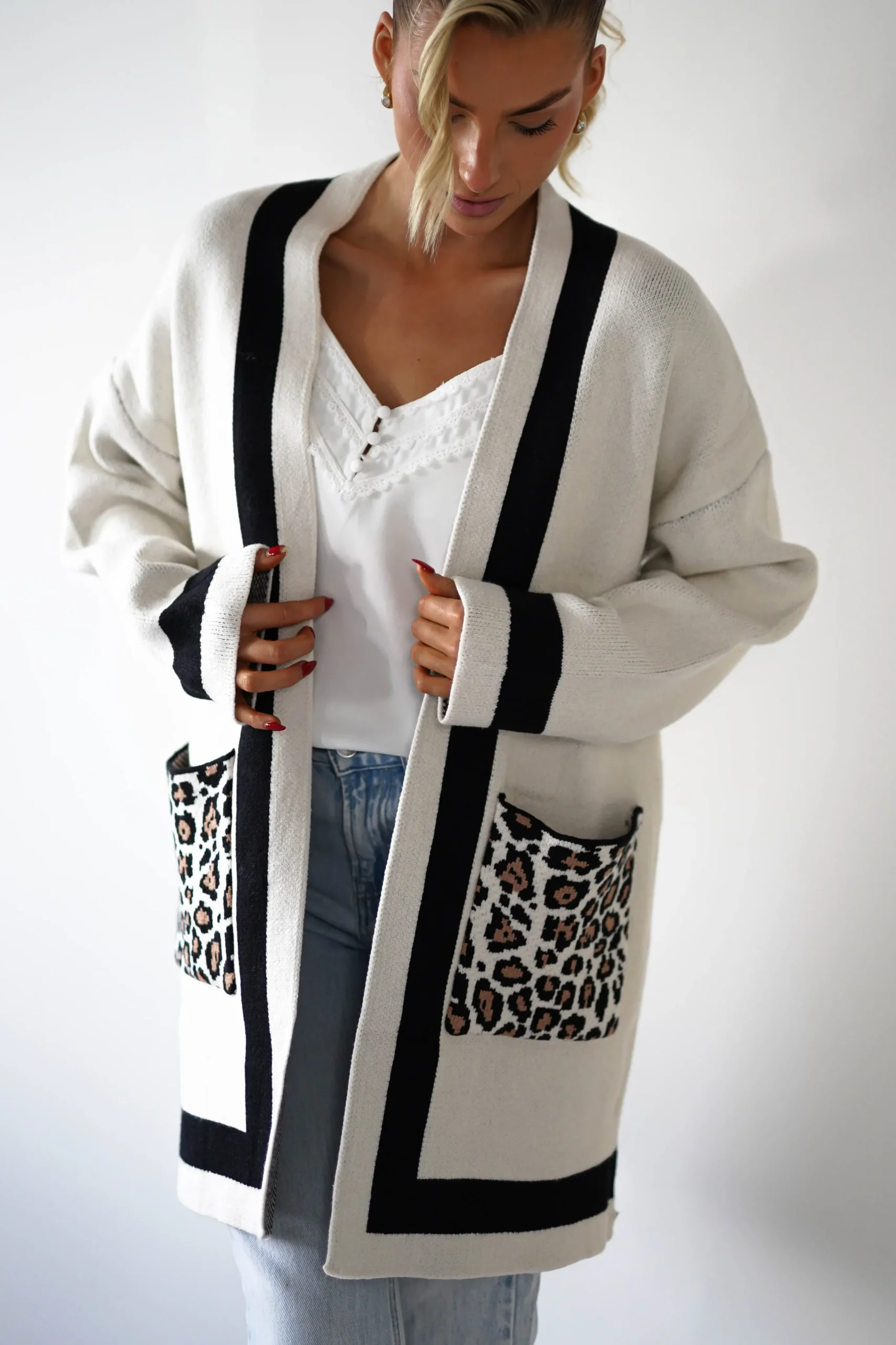 Tadriah Leopard Print Detail Cardigan