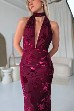 Tara Floral Jacquard Maxi Dress | Wine