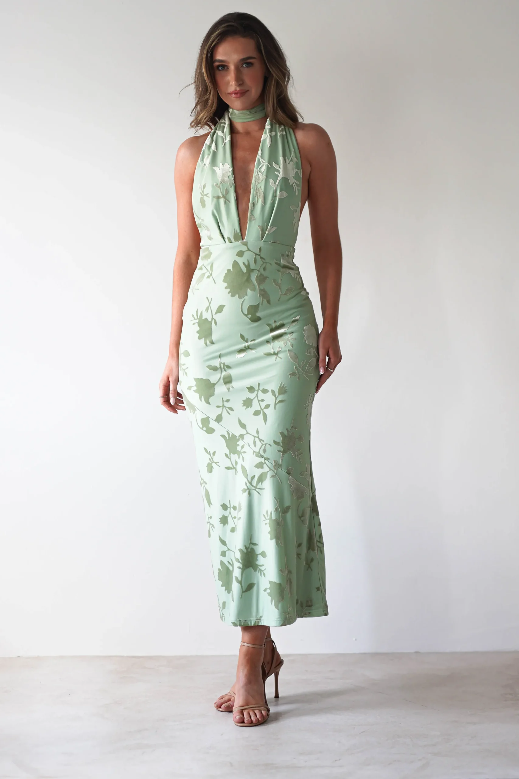 Tara Floral Jacquard Maxi Dress | Light Green
