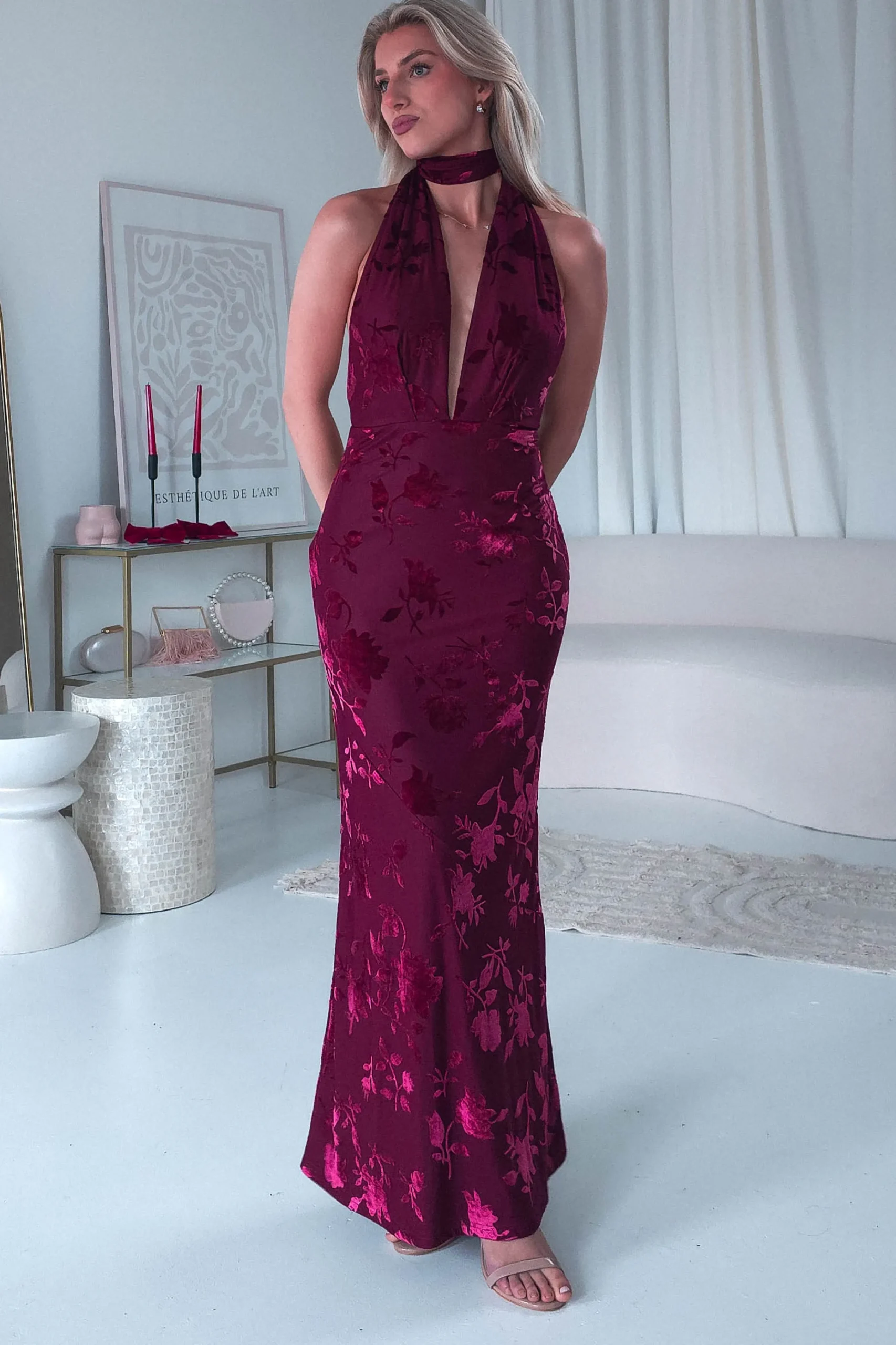Tara Floral Jacquard Maxi Dress | Wine