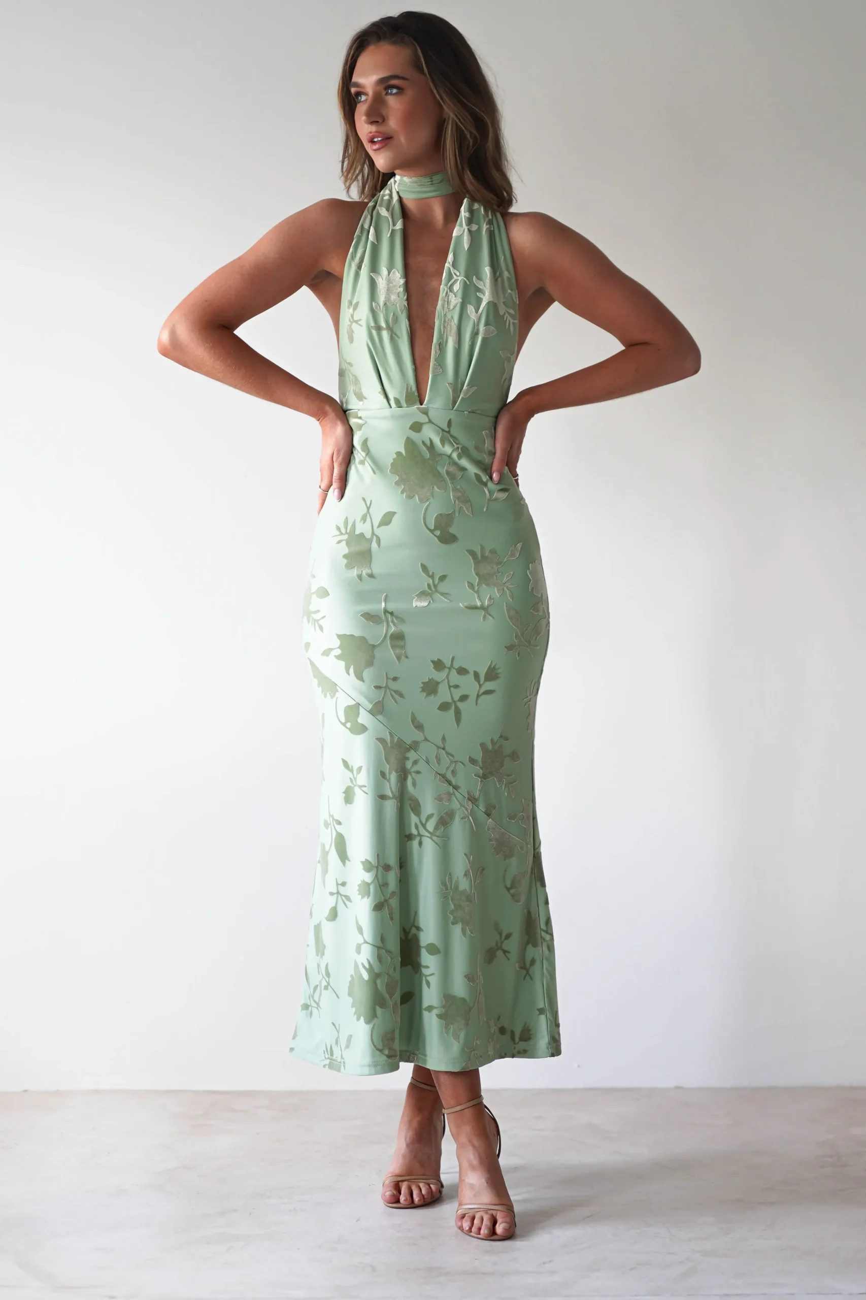 Tara Floral Jacquard Maxi Dress | Light Green