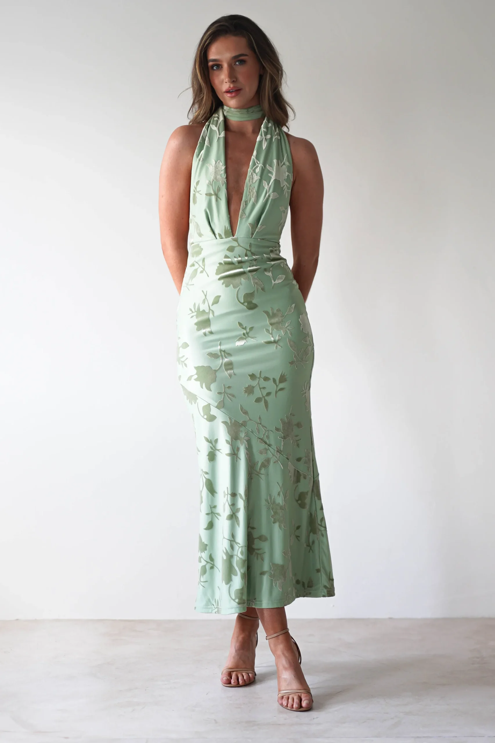 Tara Floral Jacquard Maxi Dress | Light Green