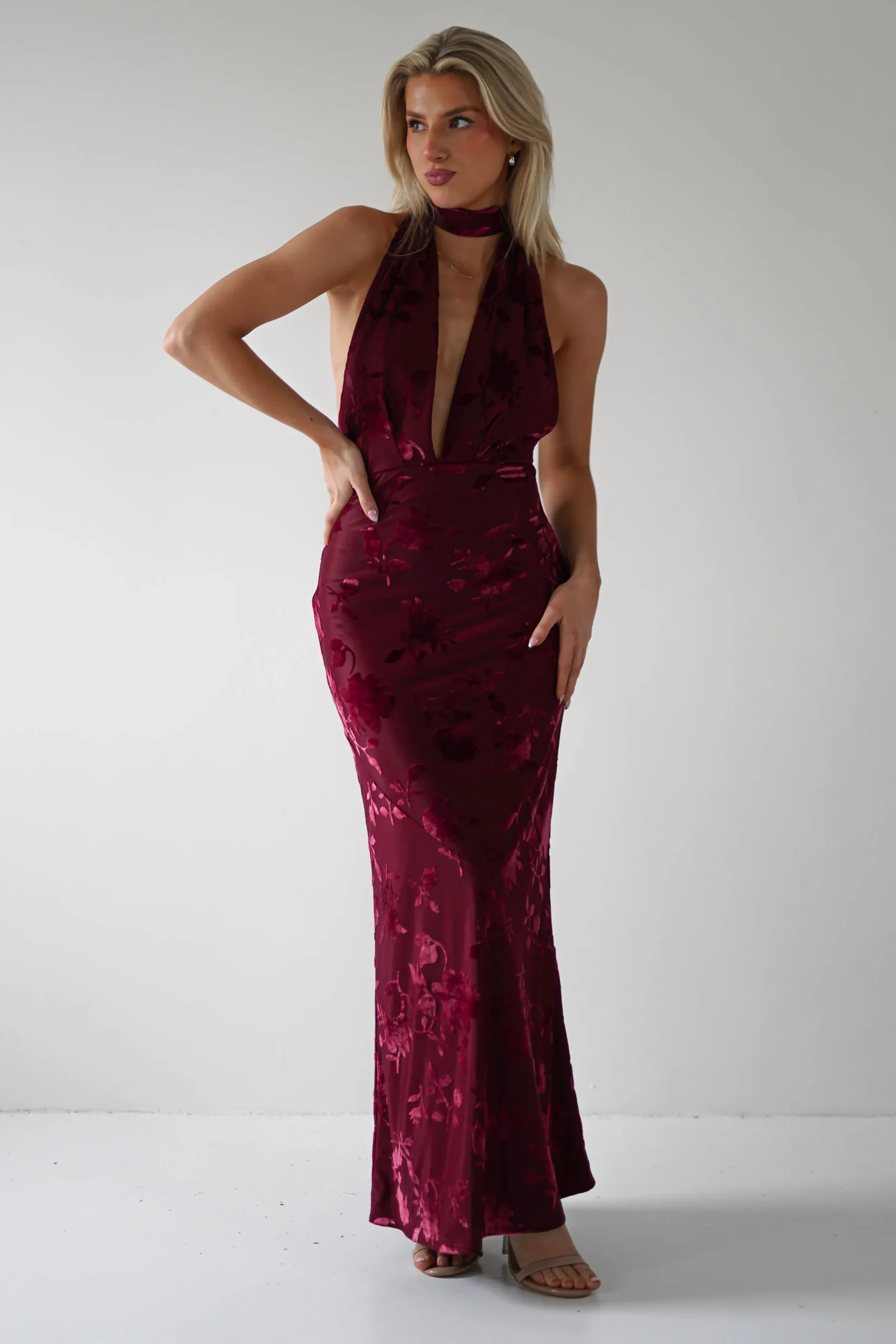 Tara Floral Jacquard Maxi Dress | Wine