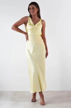 Thea Mesh Midriff Soft Satin Maxi Dress | Yellow