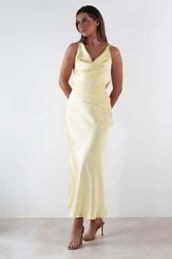 Thea Mesh Midriff Soft Satin Maxi Dress | Yellow
