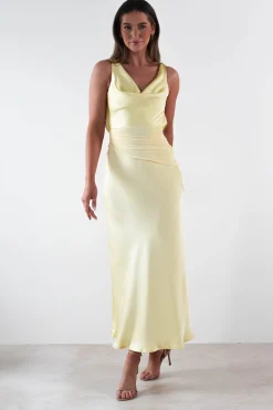 Thea Mesh Midriff Soft Satin Maxi Dress | Yellow