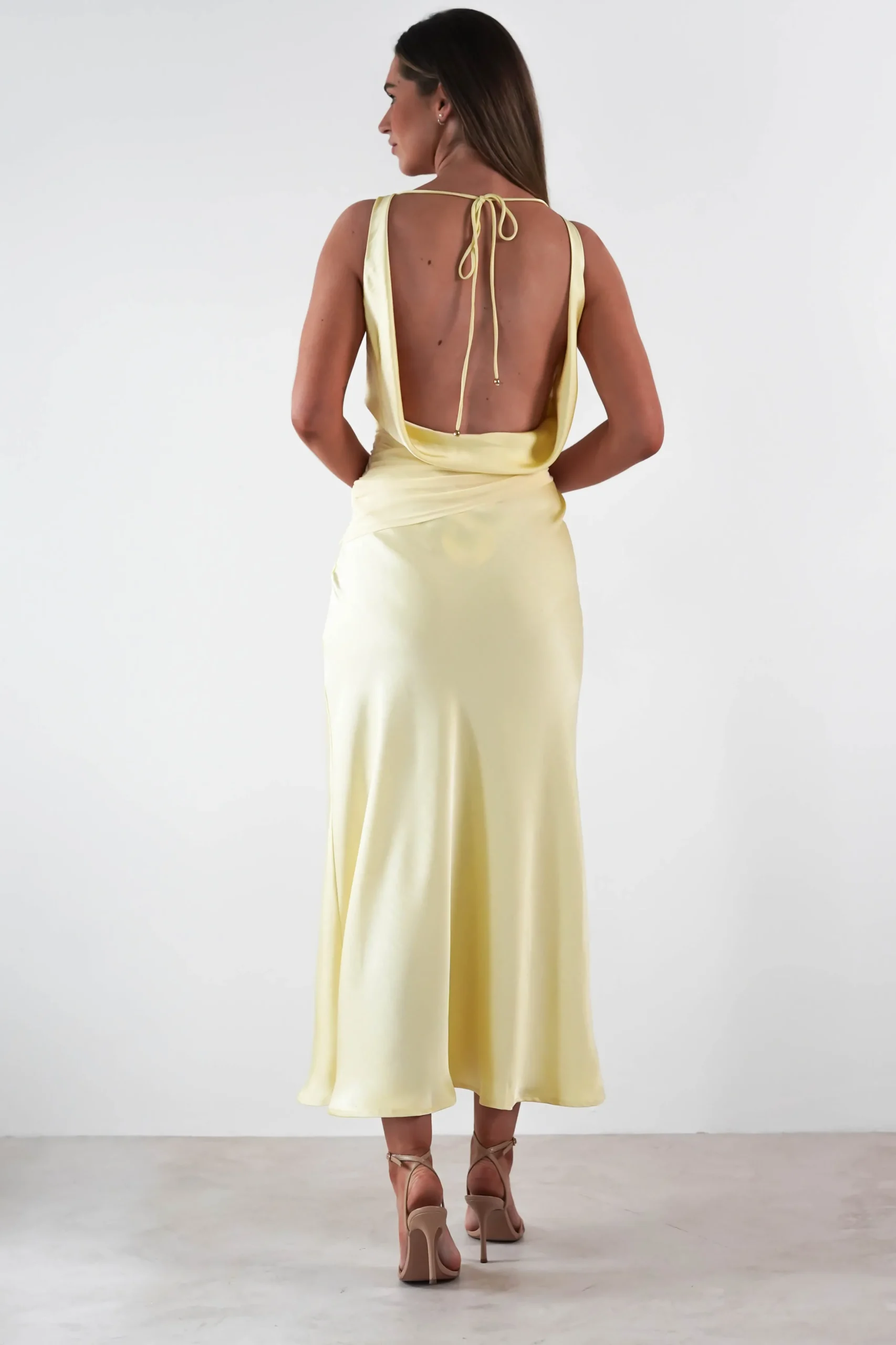 Thea Mesh Midriff Soft Satin Maxi Dress | Yellow