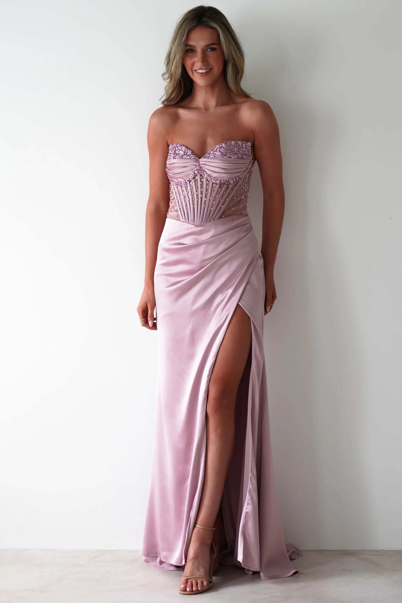 Theodora Strapless Embellished Gown | Mauve