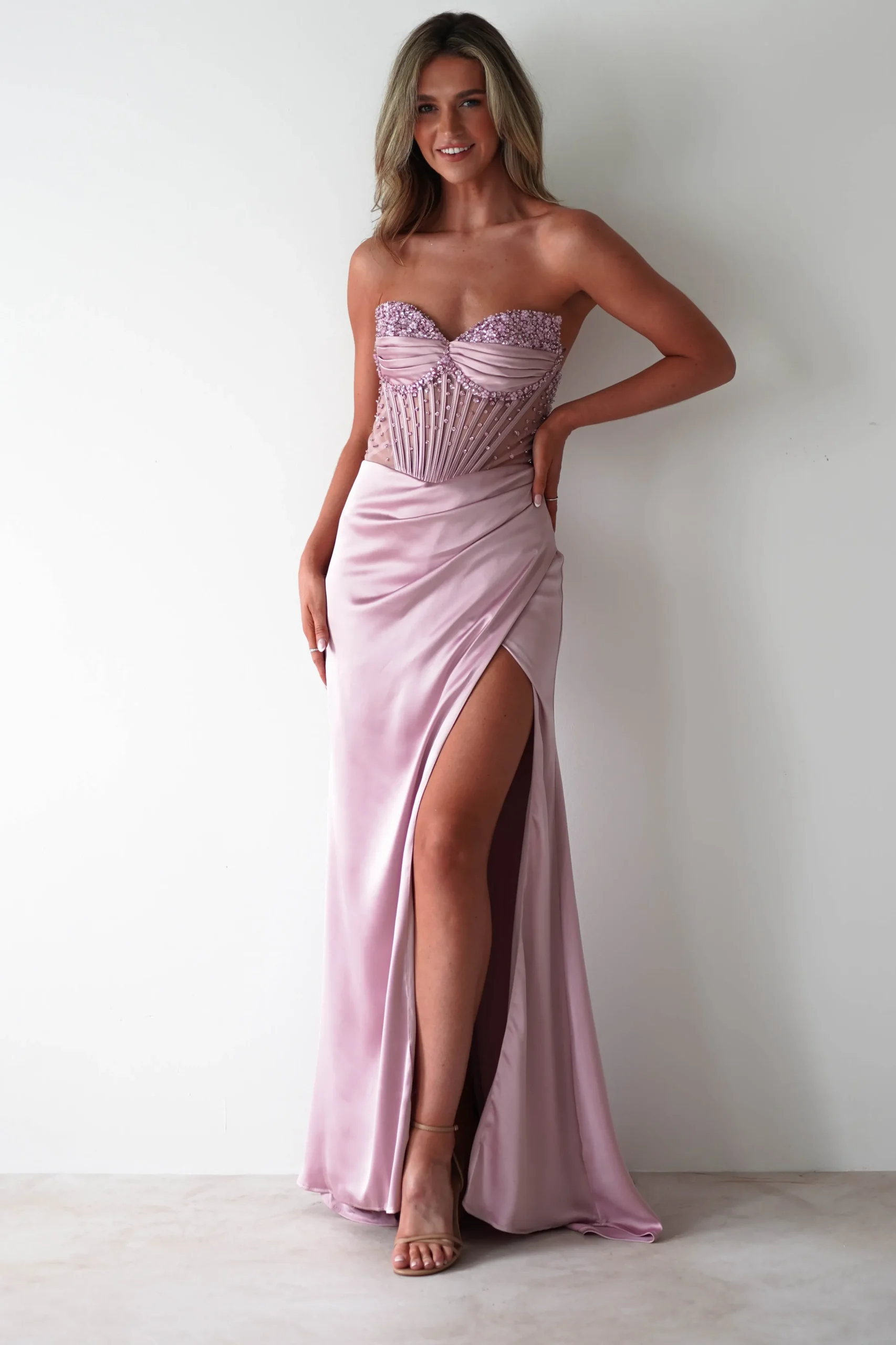 Theodora Strapless Embellished Gown | Mauve