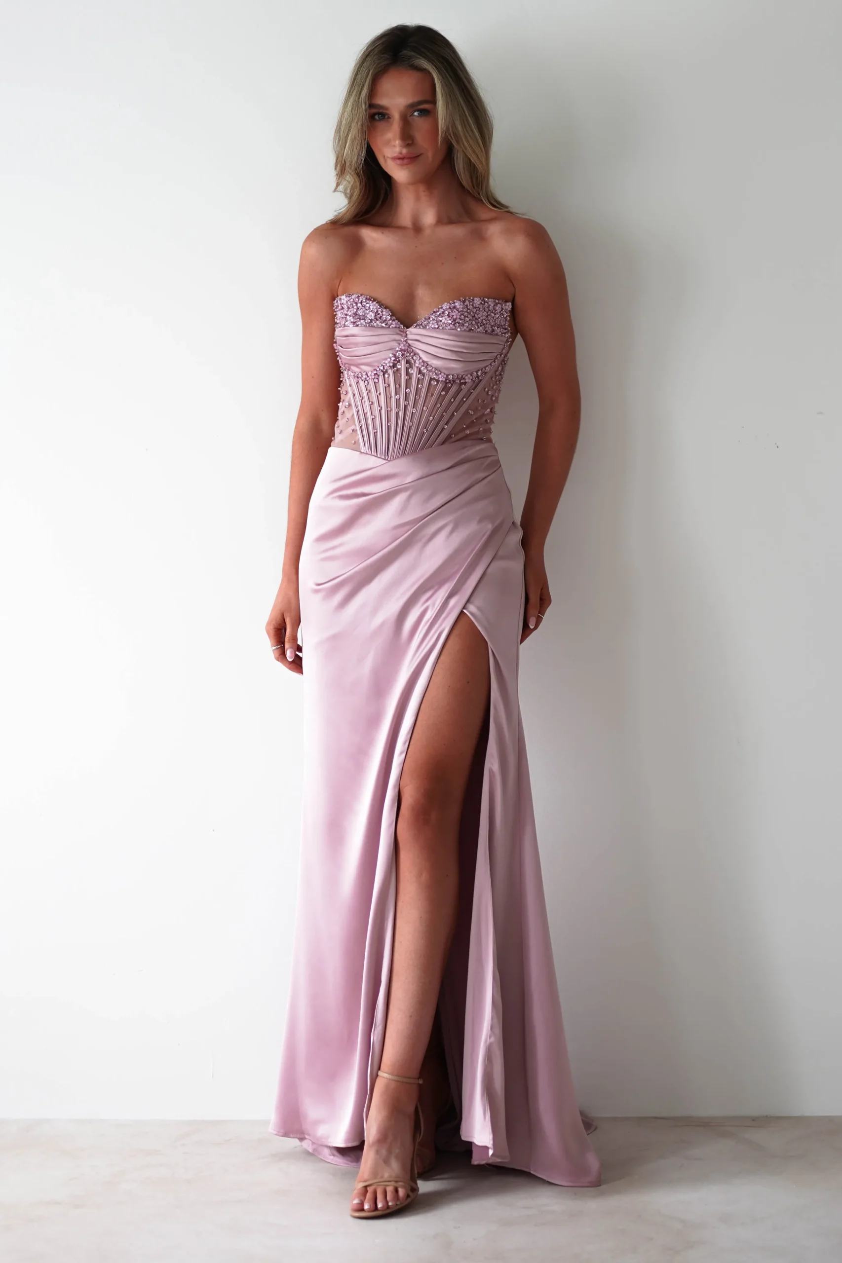 Theodora Strapless Embellished Gown | Mauve