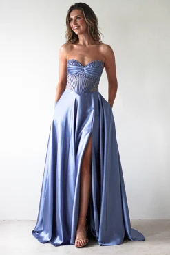 Tullie Satin A-Line Maxi Dress | Smokey Blue