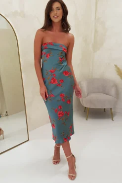 Valencia Floral Print Strapless Midi Dress | Teal Print