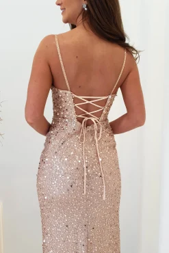 Wren Rose Gold Beaded Gown | Rose Gold