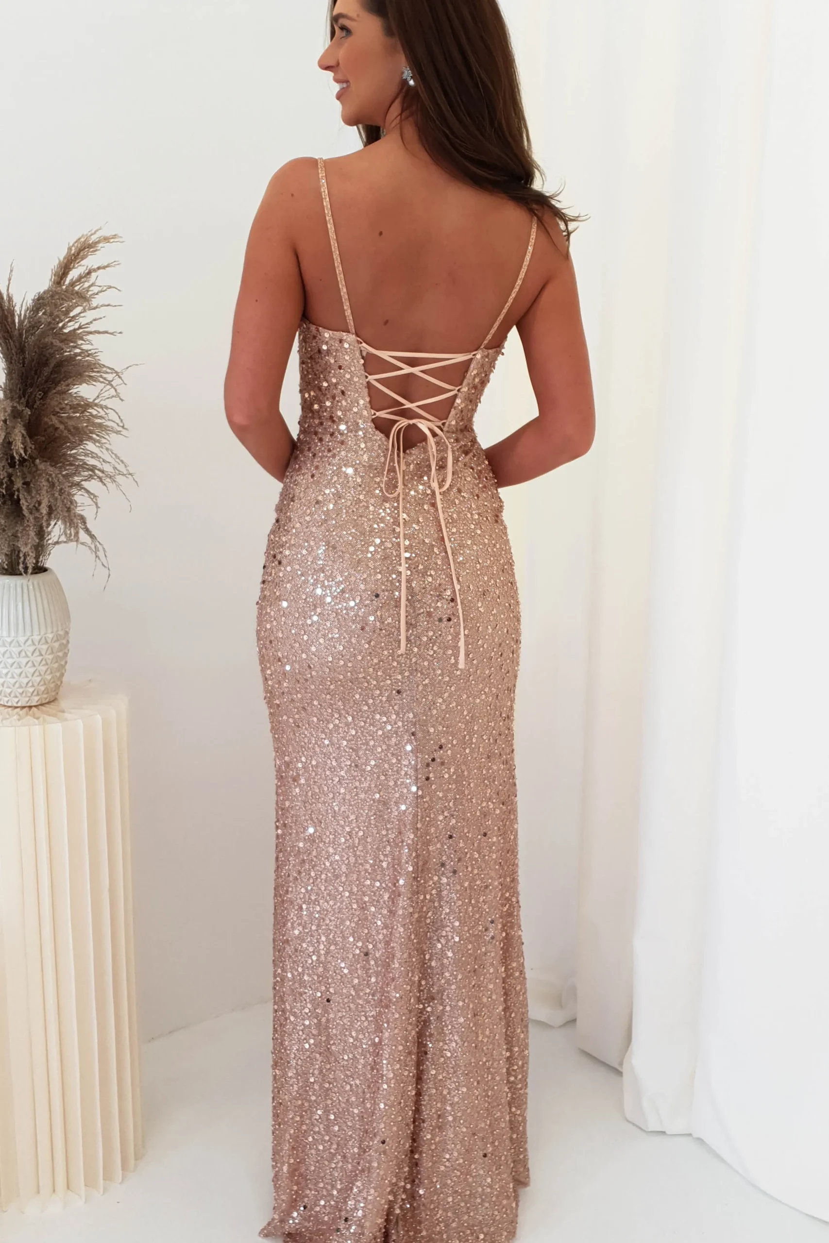Wren Rose Gold Beaded Gown | Rose Gold